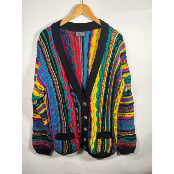 Coogi Australia Vintage 3D Knit Cardigan Multi Color Wool Sweater Mens Large
